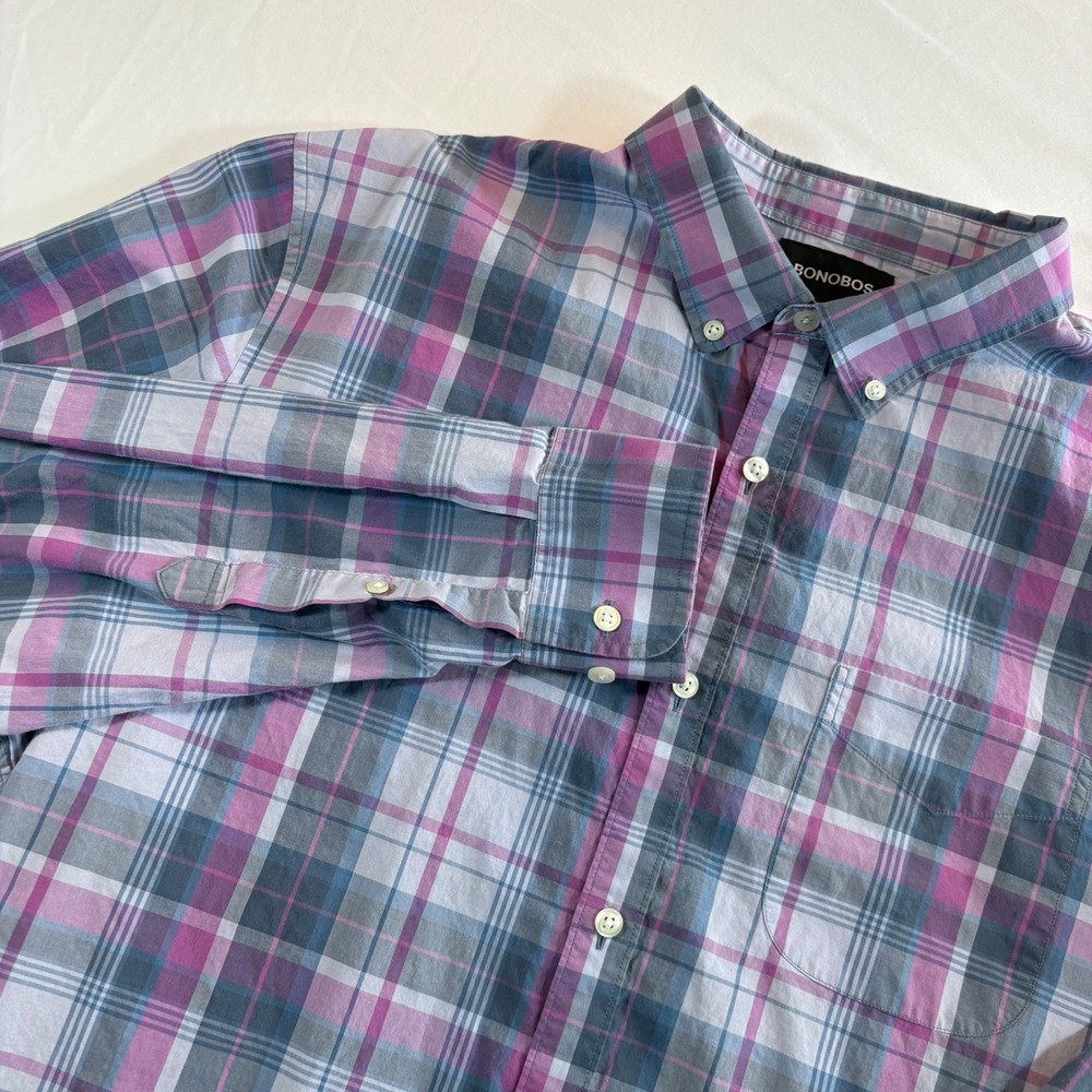 Bonobos Button Down Shirt XXL Long Purple Grey Plaid Standard Fit 23827-MVC08